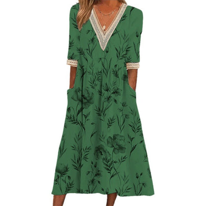 Levoire | Élégant Imprimé V-Découpe dentelle Trois-Quarts-manches robe