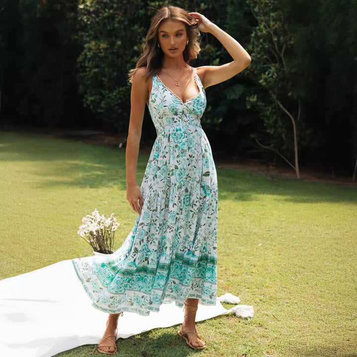 Robe longue d'été femme avec design floral et décolleté en V profond Levoire