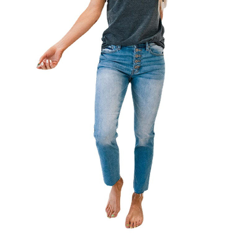 Jean femme taille haute avec insert à boutons et ourlet effiloché Levoire