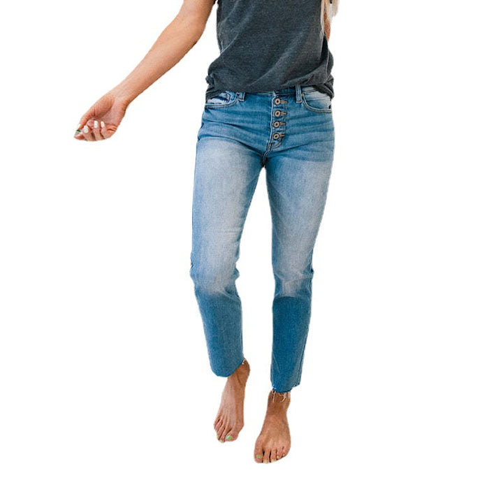 Jean femme taille haute avec insert à boutons et ourlet effiloché Levoire