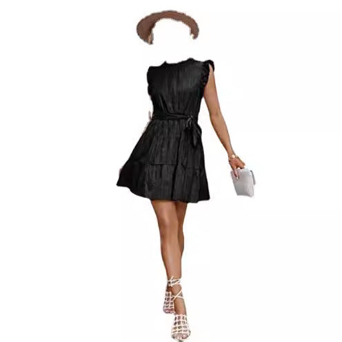 Robe à manches mi-longues pour femmes avec détails en volants et nœud à la taille Levoire