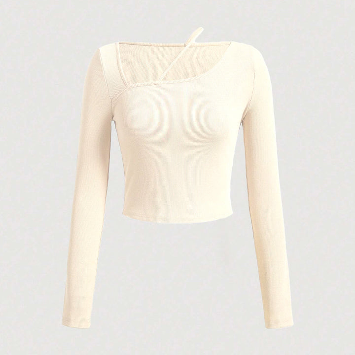 Chemise courte à manches longues pour femmes avec encolure asymétrique et texture fine côtelée Levoire