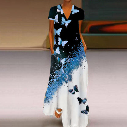 Levoire | Robe à encolure en V à manches courtes avec imprimé papillon élégant Bleu clair