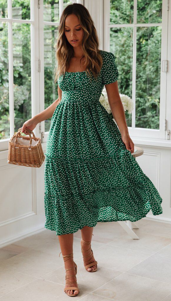 Levoire | Robe à fleurs Col carré Manches bouffantes Vert