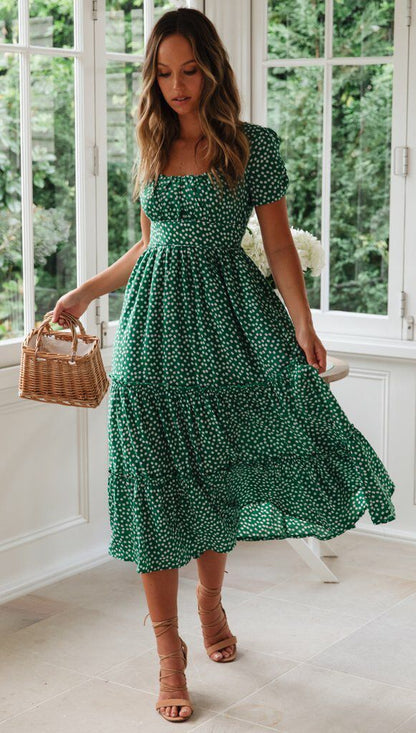 Levoire | Robe à fleurs Col carré Manches bouffantes Vert