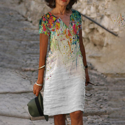 Levoire | Robe à col en V imprimée élégante à manches courtes 14 Peinture à l'huile