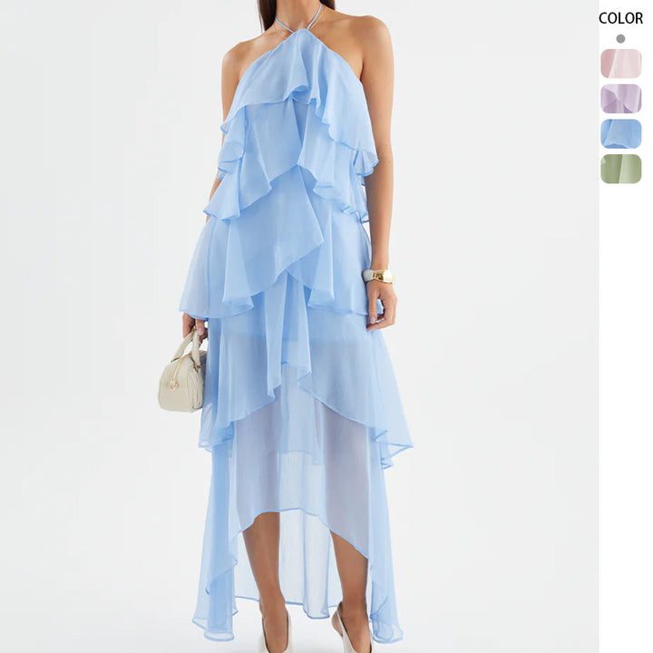 Robe maxi aérienne pour femmes avec volants fluides et col halter chic Levoire