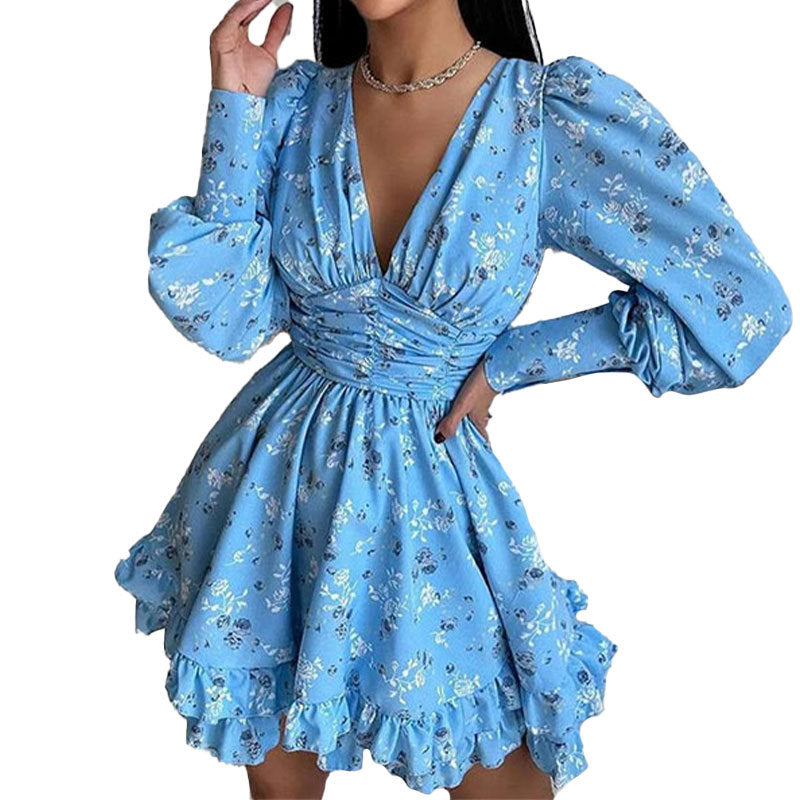 Robe à fleurs ludique pour femmes avec des manches volumineuses et une jupe froncée Levoire