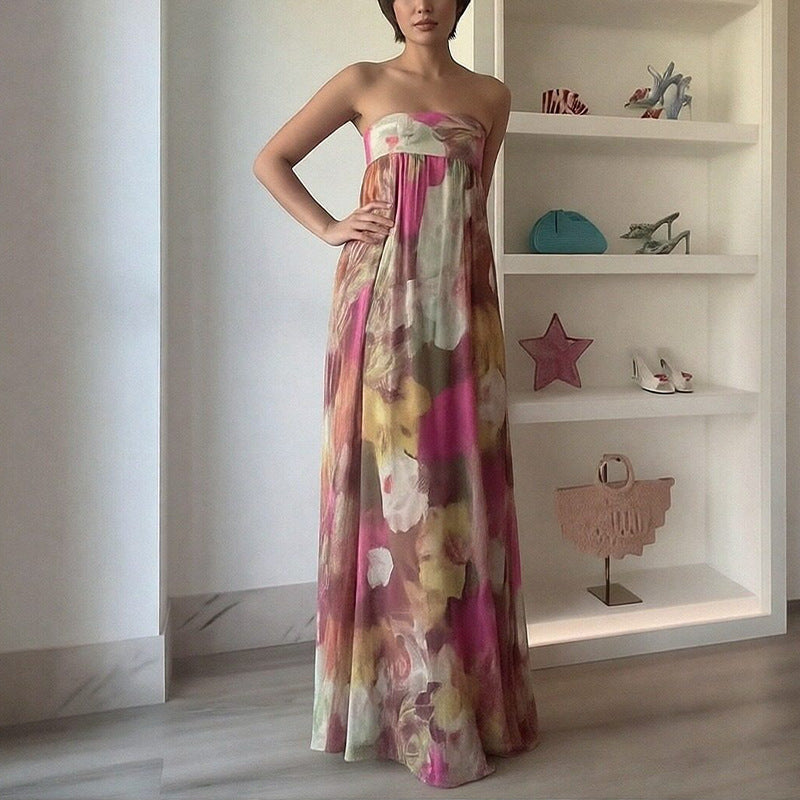 Robe longue de plage pour femmes avec design à épaules dénudées et motif floral Levoire