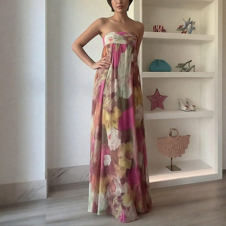 Robe longue de plage pour femmes avec design à épaules dénudées et motif floral Levoire