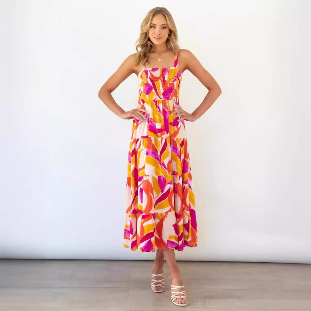 Robe maxi inspirée du boho pour femmes avec motif floral coloré et haut élastique Levoire