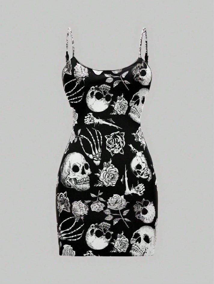 Robe mini audacieuse pour femme avec motif de crâne et de rose Levoire