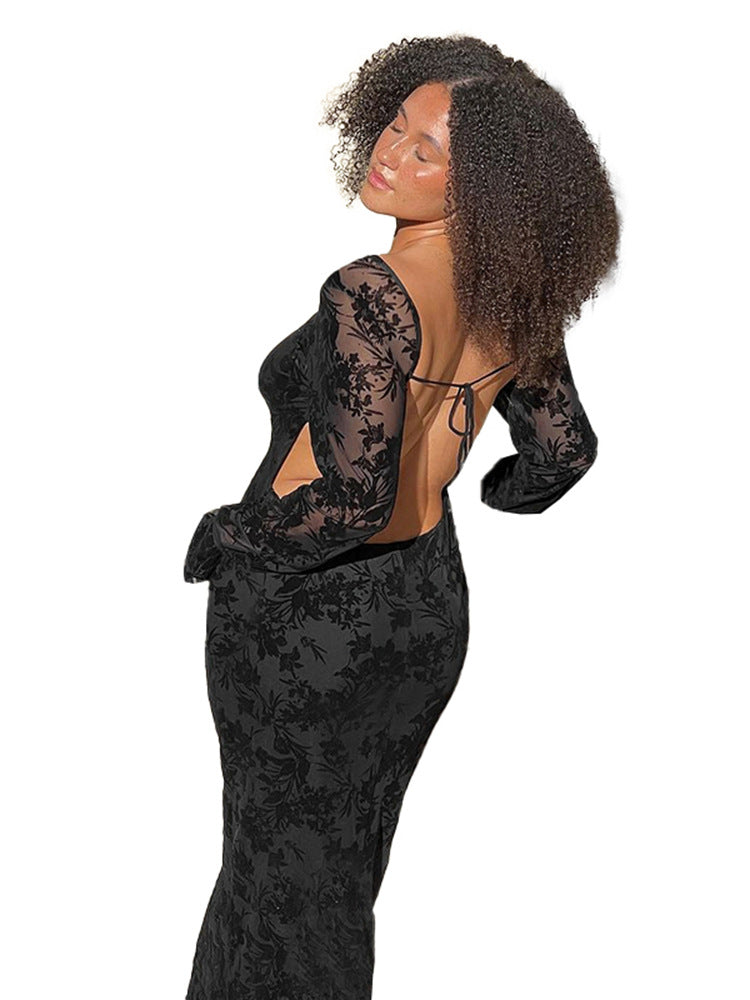 Robe Maxi Élégante pour Femmes avec Design Texturé Floral et Manches Longues Levoire