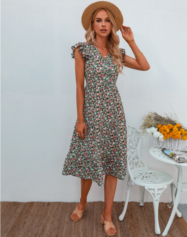 Robe évasée pour femmes avec des manches voluminées à volants et des détails floraux Levoire