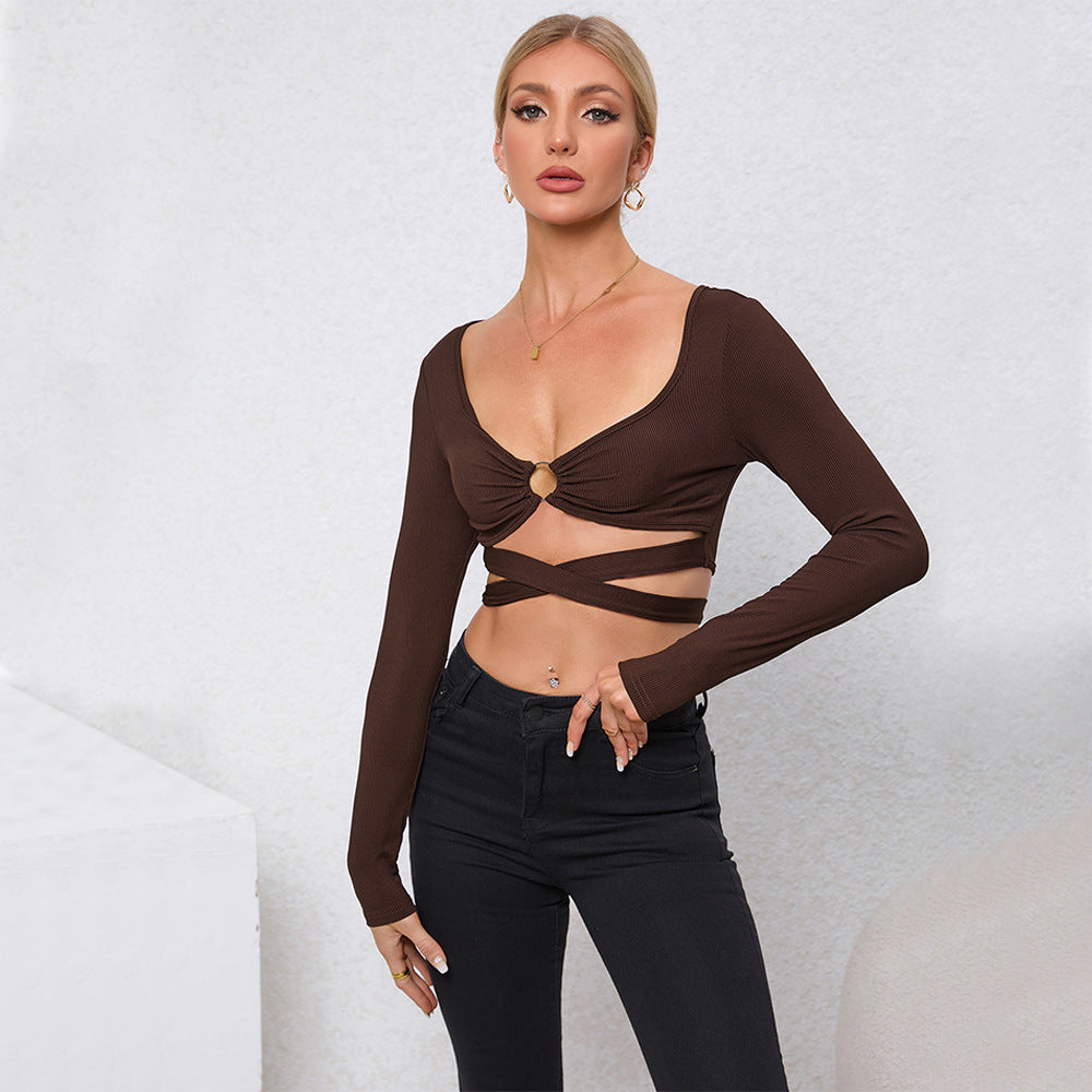 Chemise femme cropped à manches longues avec anneau décoratif et design enveloppant Levoire