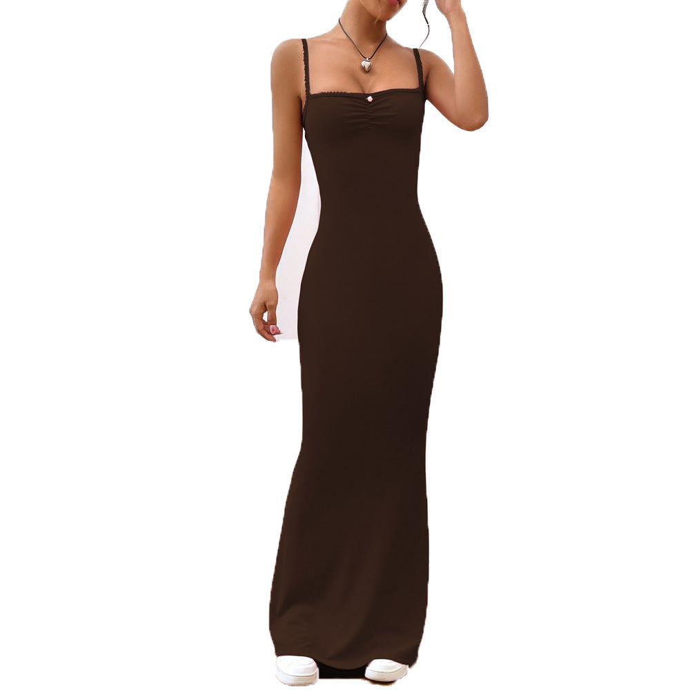 Robe maxi femme avec bretelles spaghetti ajustables et ruchés décoratifs Levoire