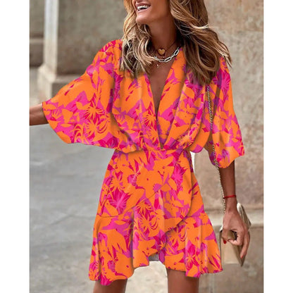 Levoire | Robe à encolure en V asymétrique tendance Fleur orange