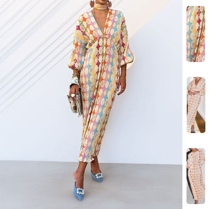 Robe maxi pour femmes avec des motifs géométriques modernes et des manches volumineuses Levoire