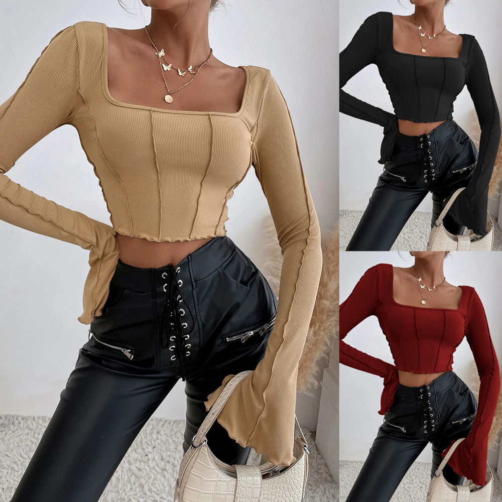 Top court de couture pour femmes avec encolure carrée et manches longues Levoire