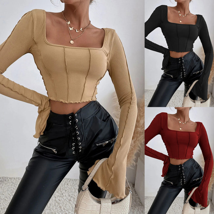Top court de couture pour femmes avec encolure carrée et manches longues Levoire