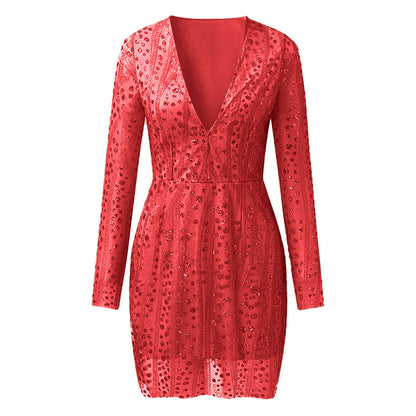 Levoire | Brillant Manches Longues Jupe Courte Robe Rot