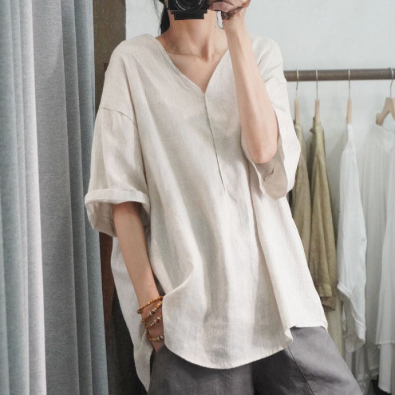 T-shirt en lin surdimensionné pour femmes avec décolleté en V et coupe décontractée Levoire