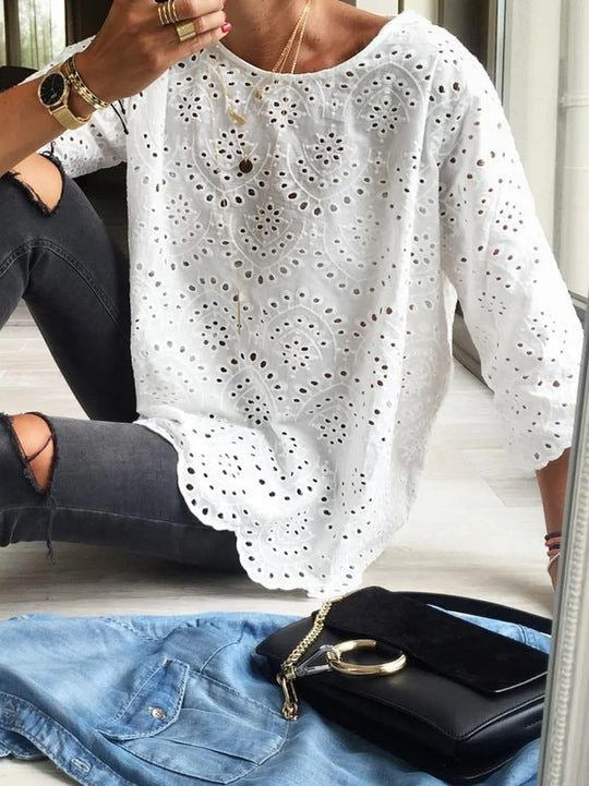 Levoire | Rétro Monocouleur Col Rond Manches Mi-Longues Chemise en Coton-Lin Blanc M