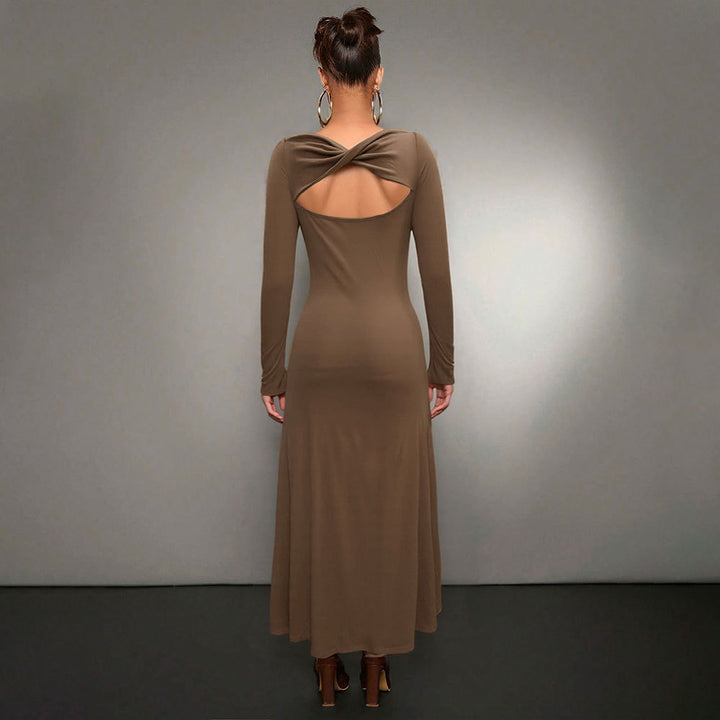 Robe midi à manches longues pour femmes avec encolure ronde élégante et ourlet volant Levoire