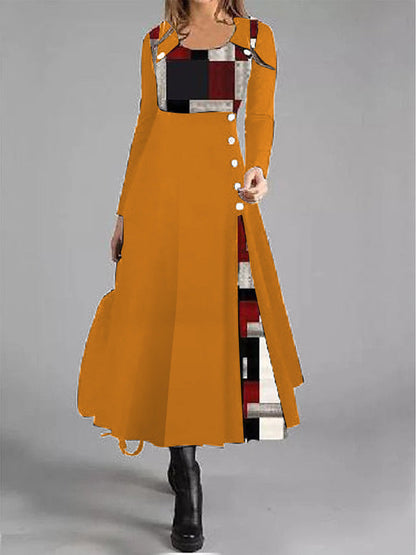 Levoire | Chic V Couleur graphique bouton rond Flare Robe Jaune