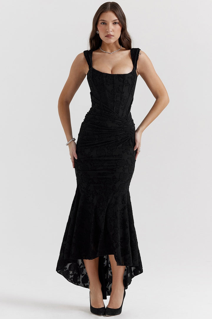 Robe Maxi Bateau Élegante pour Femmes avec Texture Florale et Ourlet Asymétrique Levoire