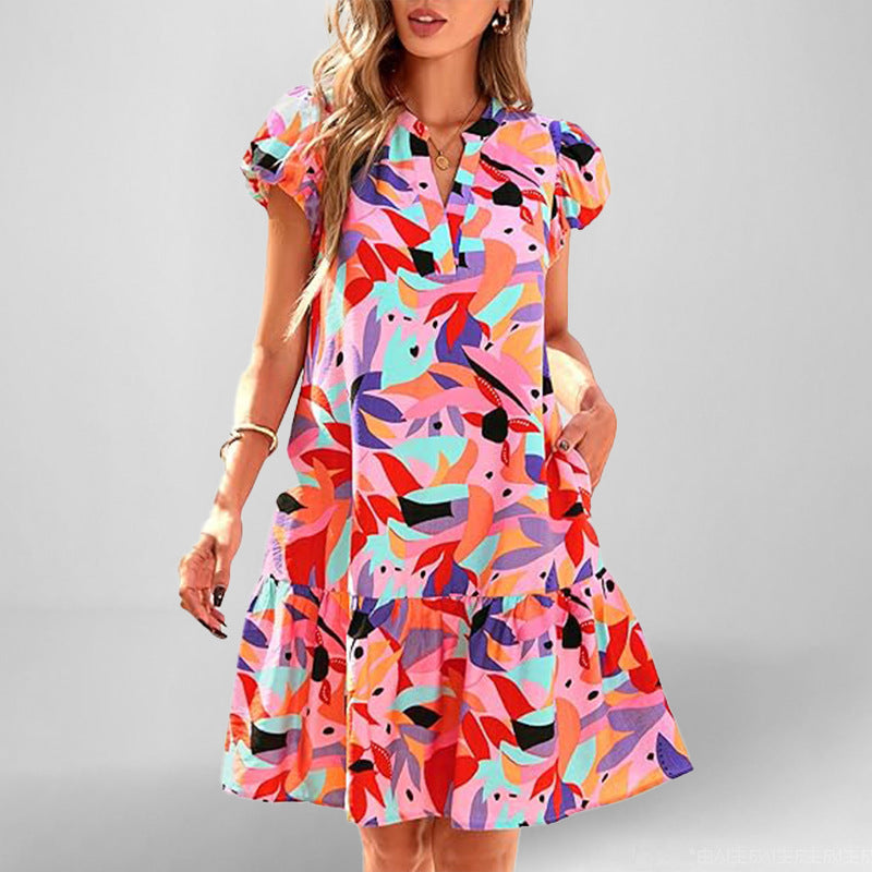Robe courte à manches courtes fluides pour femmes avec ourlet froncé raffiné Levoire