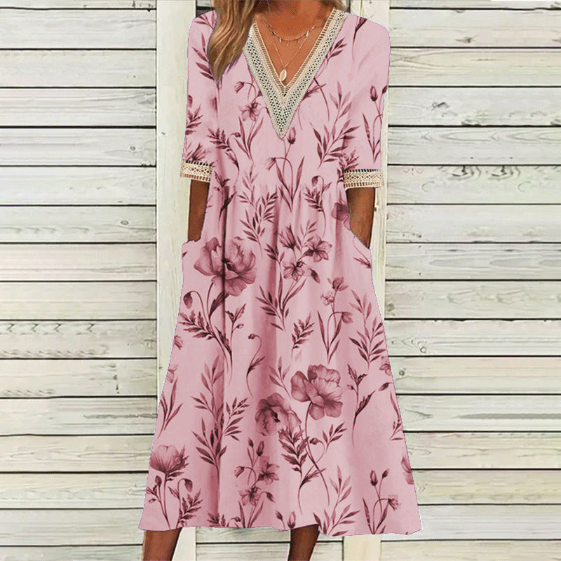 Levoire | Élégant Imprimé V-Découpe dentelle Trois-Quarts-manches robe 3#Rose pâle