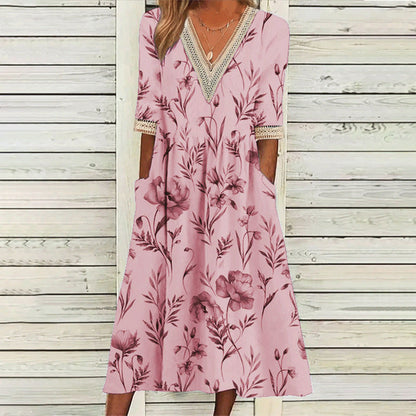 Levoire | Élégant Imprimé V-Découpe dentelle Trois-Quarts-manches robe 3#Rose pâle