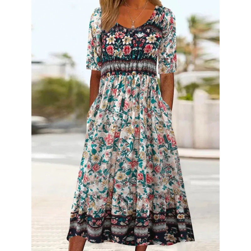 Levoire | Robe imprimée Col rond Robe à manches courtes 1-Fleur Rose