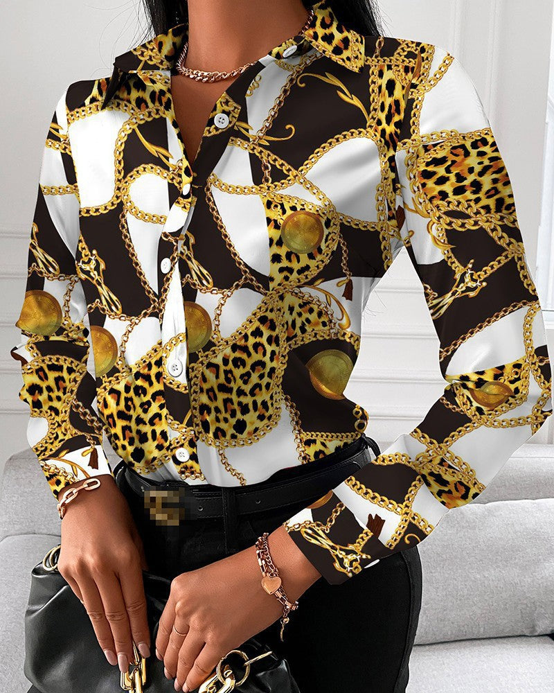 Levoire | Élégante chemise à manches longues imprimée printemps-automne Collier jaune