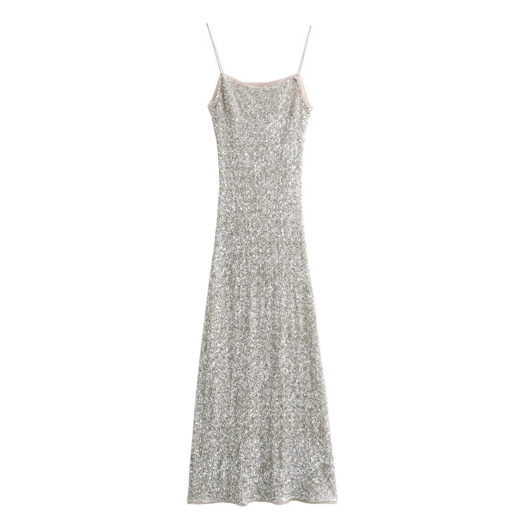 Levoire | La robe maxi sans bretelles multicolore glamour avec paillettes Argent