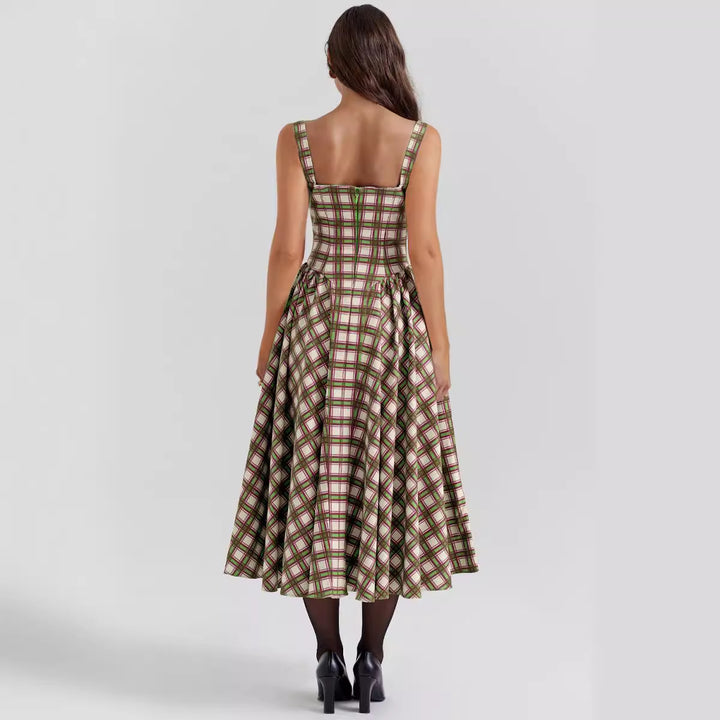 Robe midi décontractée pour femme avec un design à carreaux et décolleté profond Levoire
