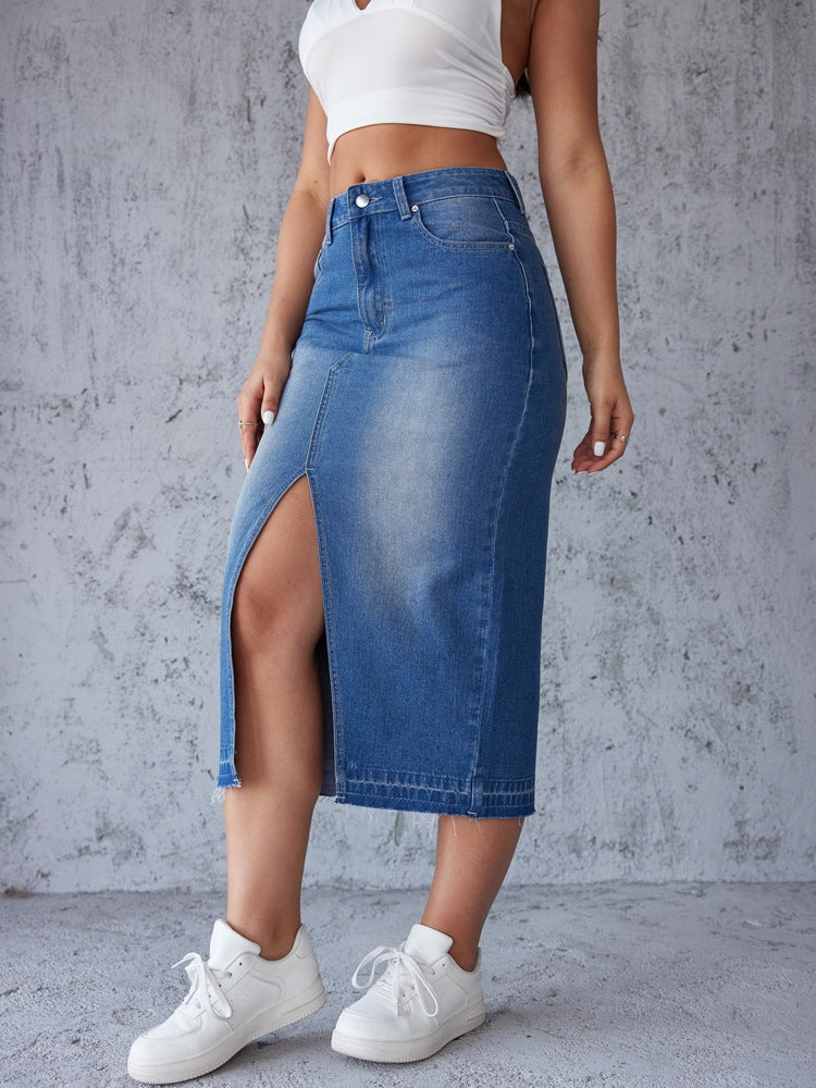 Jupe maxi en denim pour femme avec fente latérale et franges modernes Levoire