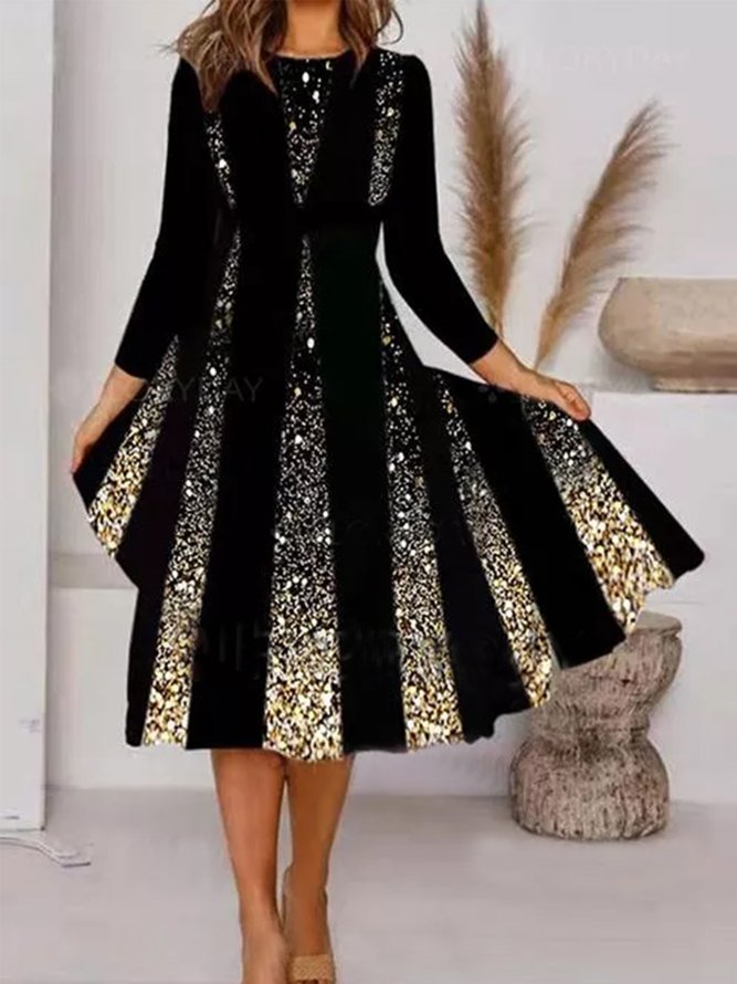Levoire | Élégante robe imprimée à col rond à manches 3/4 Noir doré