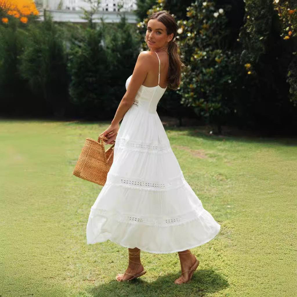 Robe maxi femme avec un nœud ludique et de délicates volants Levoire