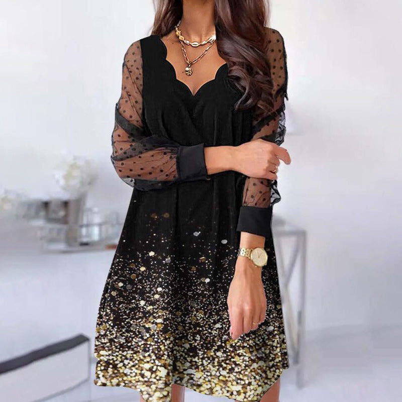 Levoire | Robe longue à manches longues en filet transparent avec décolleté en V