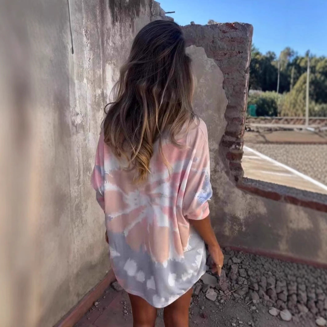 Sweatshirt décontracté pour femmes tie-dye avec col en V et épaules tombantes Levoire