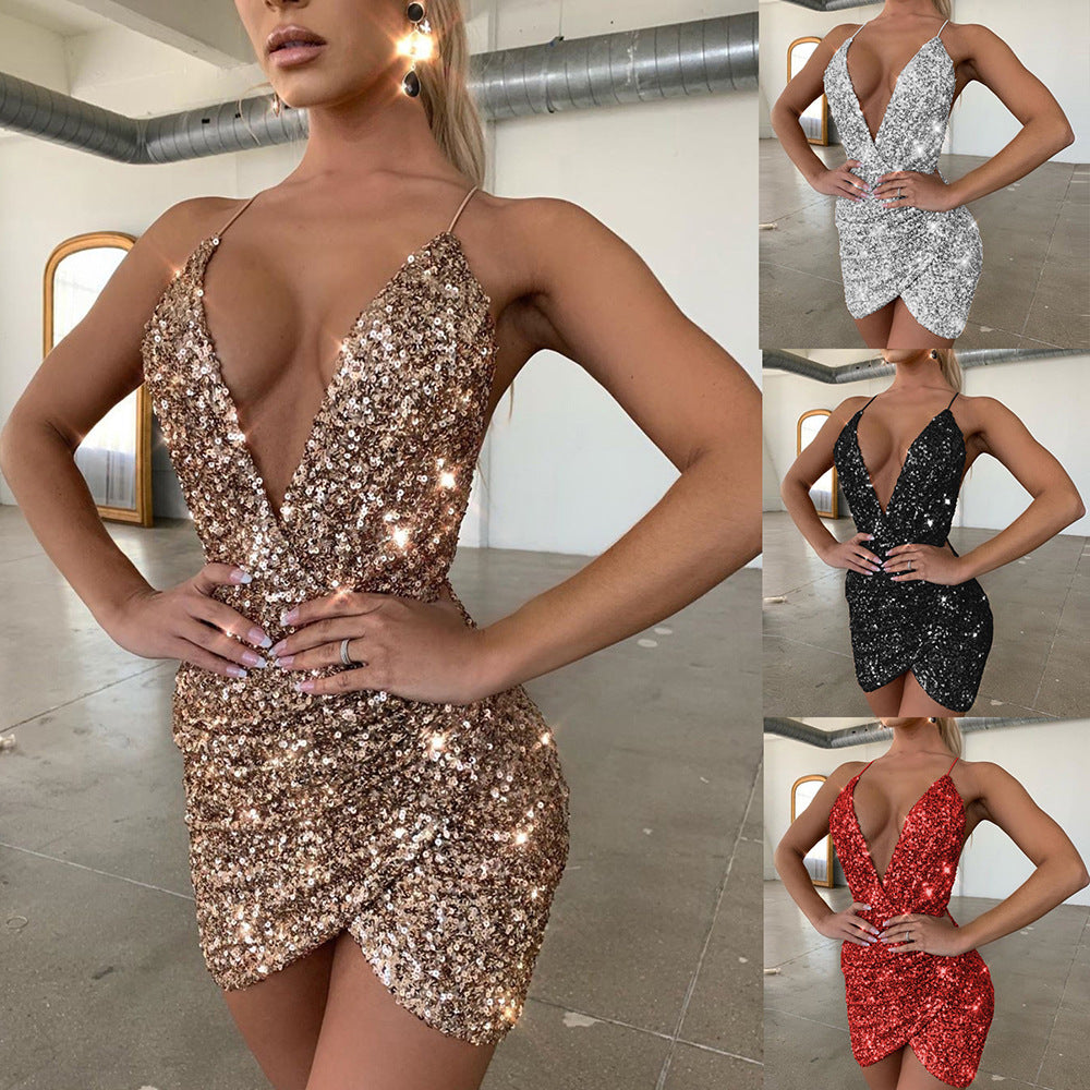 Robe de soirée pour femmes avec décolleté en V profond et garniture de sequins glamour Levoire