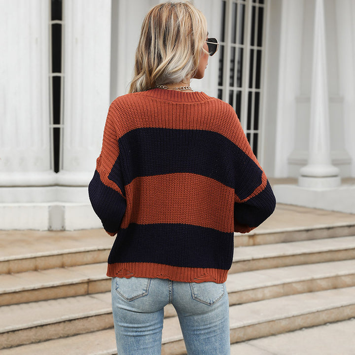 Pull en tricot surdimensionné pour femme avec encolure en V et rayures bloquées Levoire