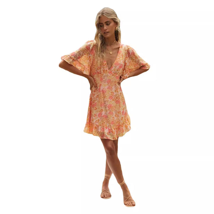 Robe portefeuille mini pour femme avec des manches volumineuses et découpe romantique au dos Levoire