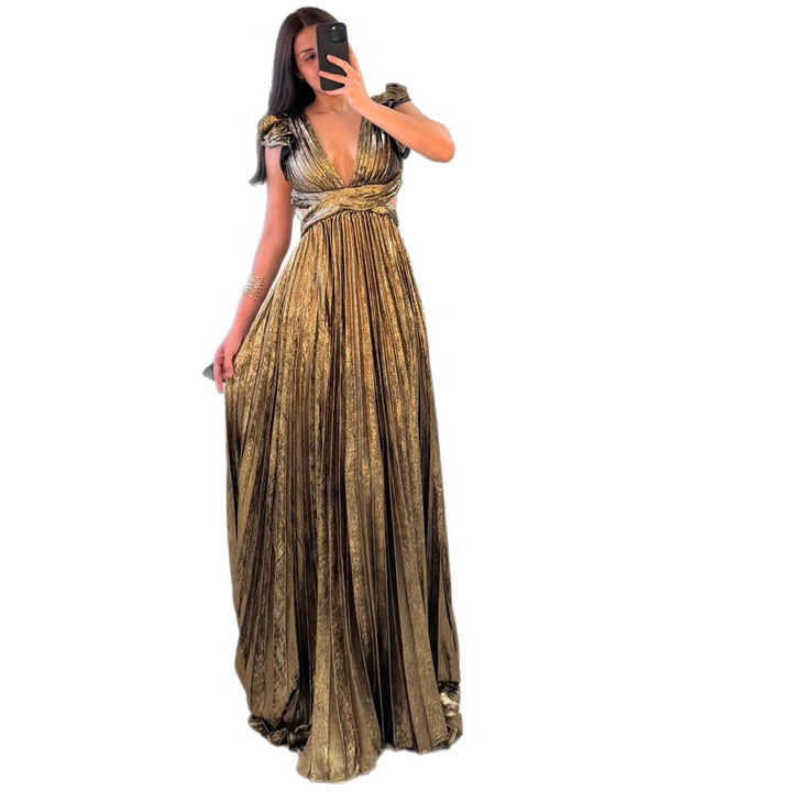 Robe Maxi Élégante Femme avec Décolleté en V Profond et Détails Volants Levoire