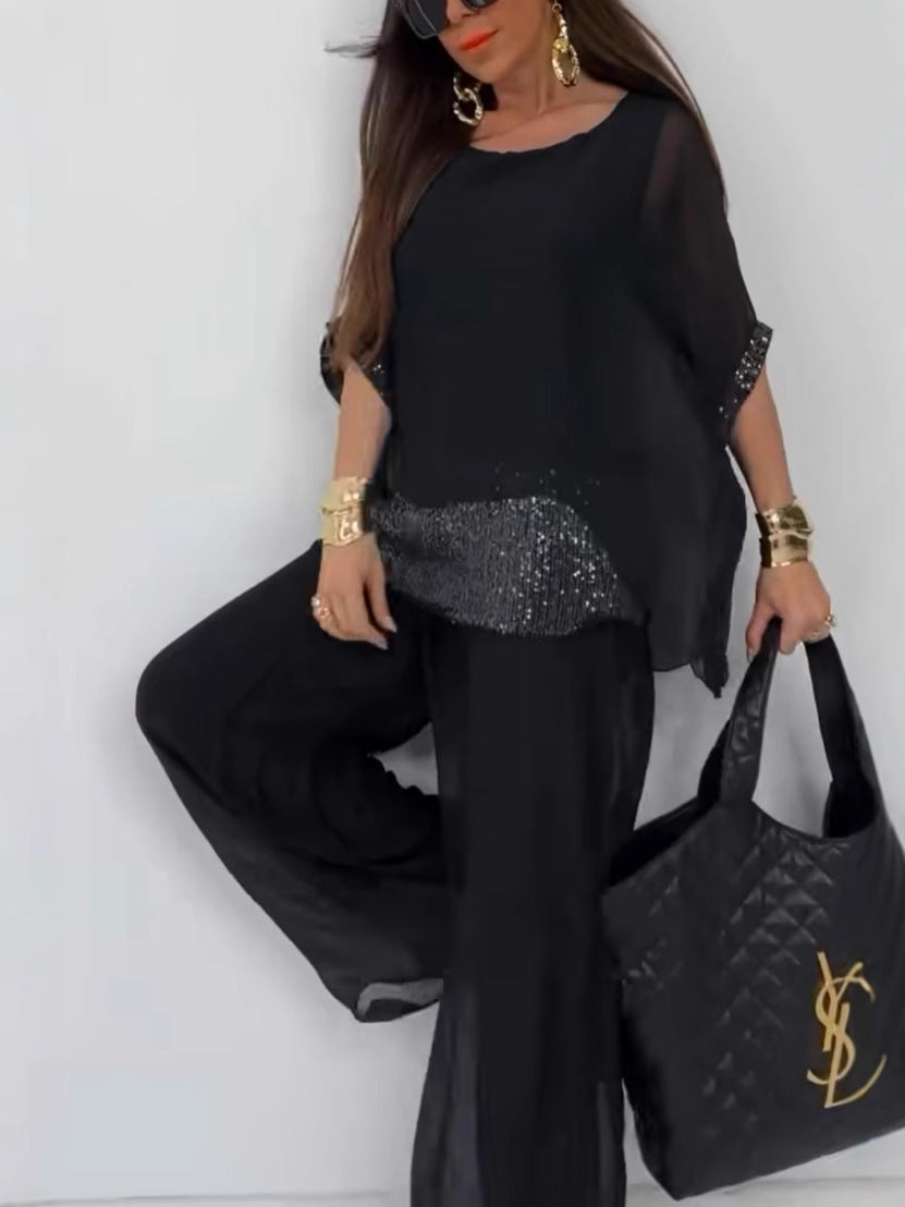 Costume de pantalon deux pièces élégant pour femmes avec haut scintillant Levoire