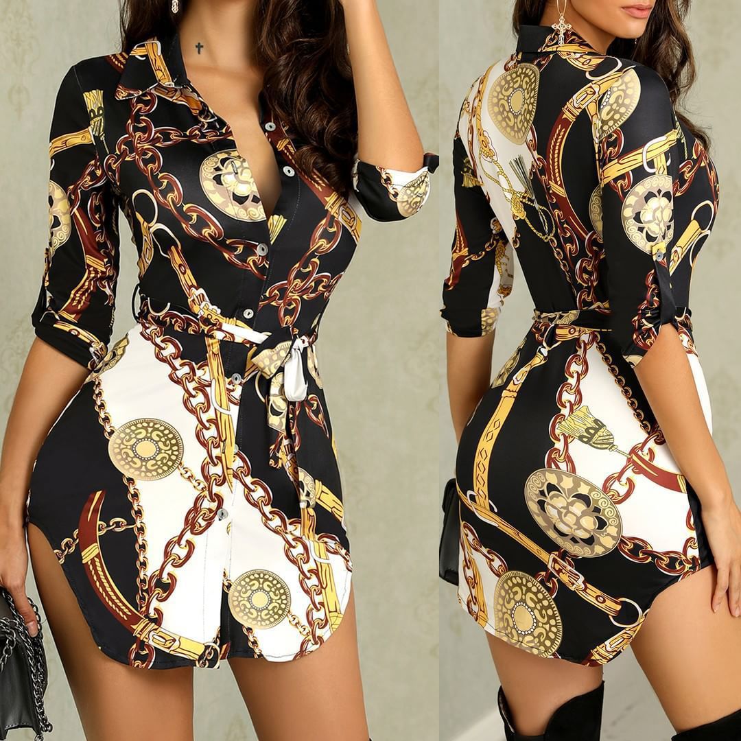 Levoire | Élégant Robe Imprimée Mi-Longue Couleur Or