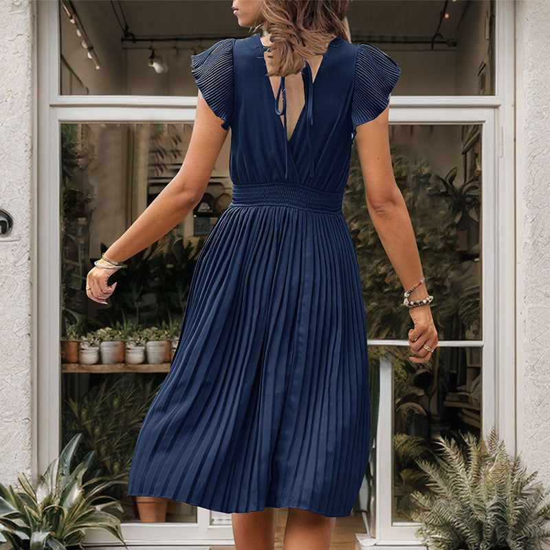 Robe midi plissée pour femmes avec col en V et manches volumineuses Levoire