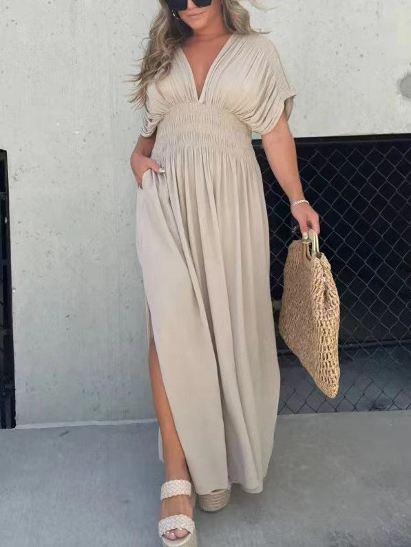 Levoire | Batwing Dress Bat Sleeve Jupe Élastique à Taille Couleur abricot
